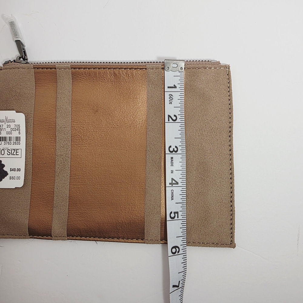 Neiman Marcus Soft Leather Metallic Bronze Wristlet Clutch Heavy Chain Strap - Picture 9 of 10